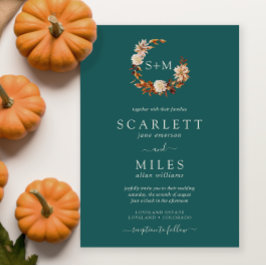 Teal Fall Terracotta Monogram andedräkt Bröllop Inbjudningar