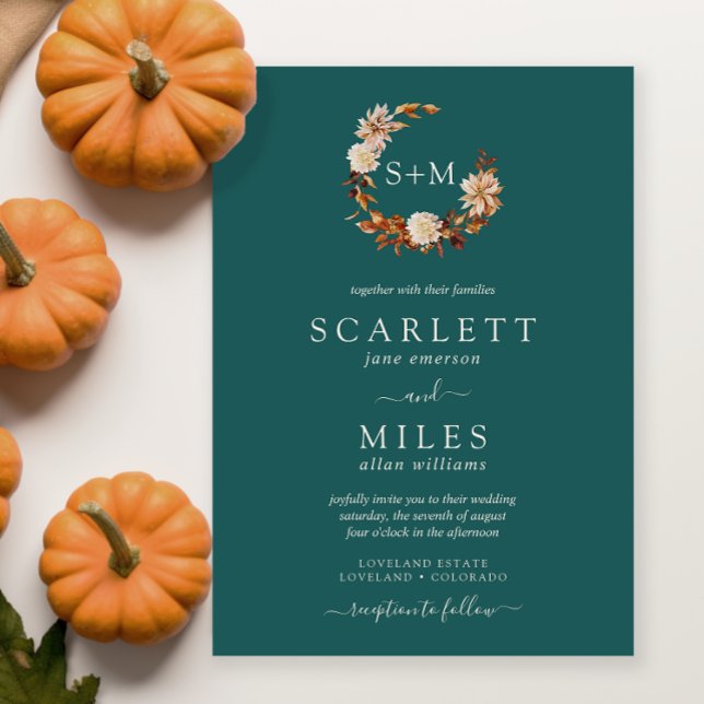 Teal Fall Terracotta Monogram andedräkt Bröllop Inbjudningar (Teal Fall Terracotta Monogram Wreath Wedding Invitation by Painted Paperie
)