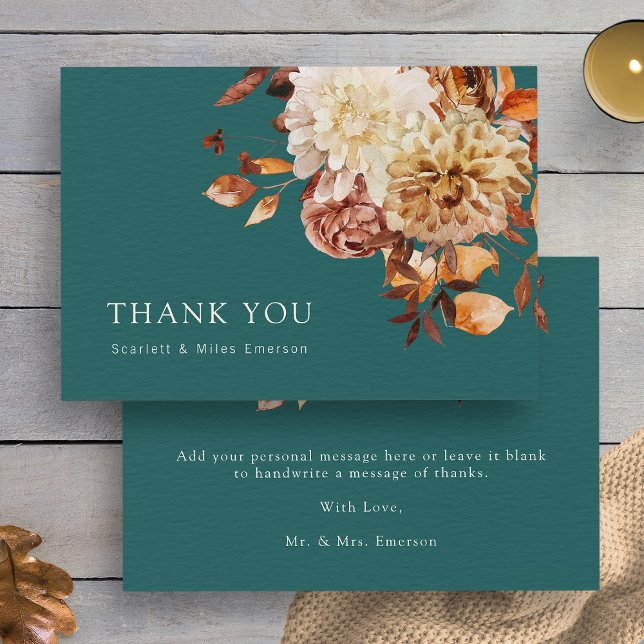 Teal Fall Terracotta Watercolor Blommigt Bröllop Tack Kort (Teal Fall Terracotta Watercolor Floral Wedding Thank You Card by Painted Paperie
)