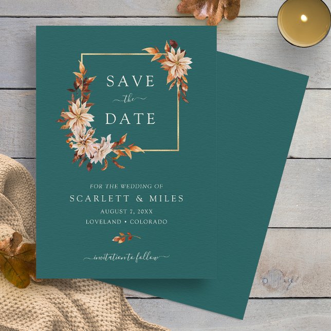 Teal Fall Watercolor Blommigt Bröllop Spara Datumet (Teal Fall Watercolor Floral Wedding Save The Date Announcement by Painted Paperie
)