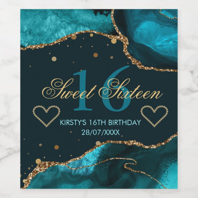 Teal & Falskt Guld Glitter Agate Sweet 16  Vinflaska Etikett (Singel etikett)
