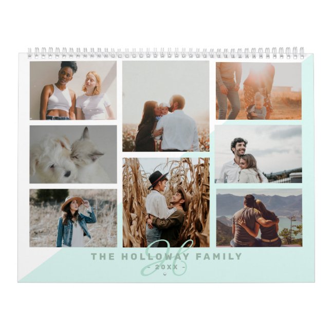 Teal family mongram namn blue 20 fotocollage kalender (Omslag)