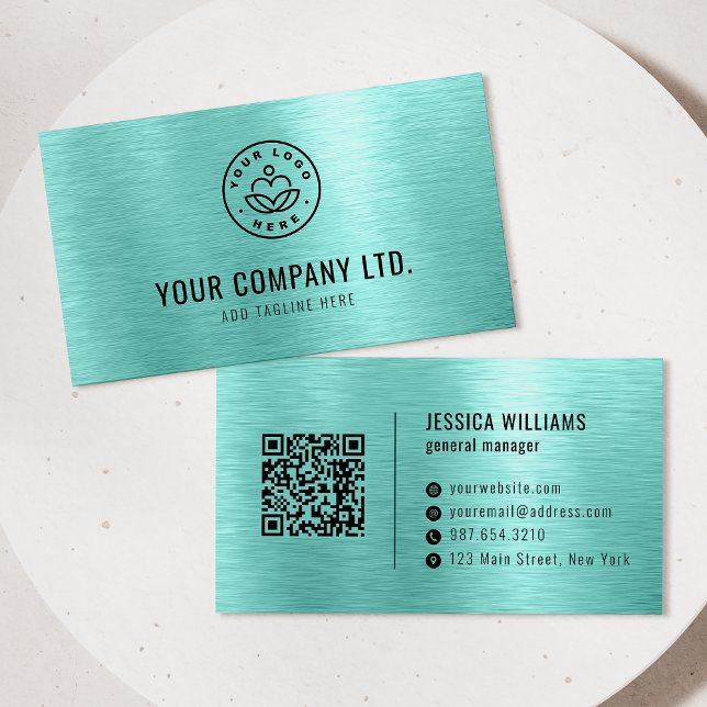 Teal Faux Brushed Metal Professional QR Code Visitkort (Skapare uppladdad)