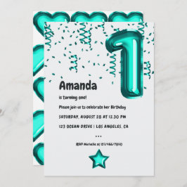 Teal Faux Foil Balloon 1st Birthday Party Inbjudningar