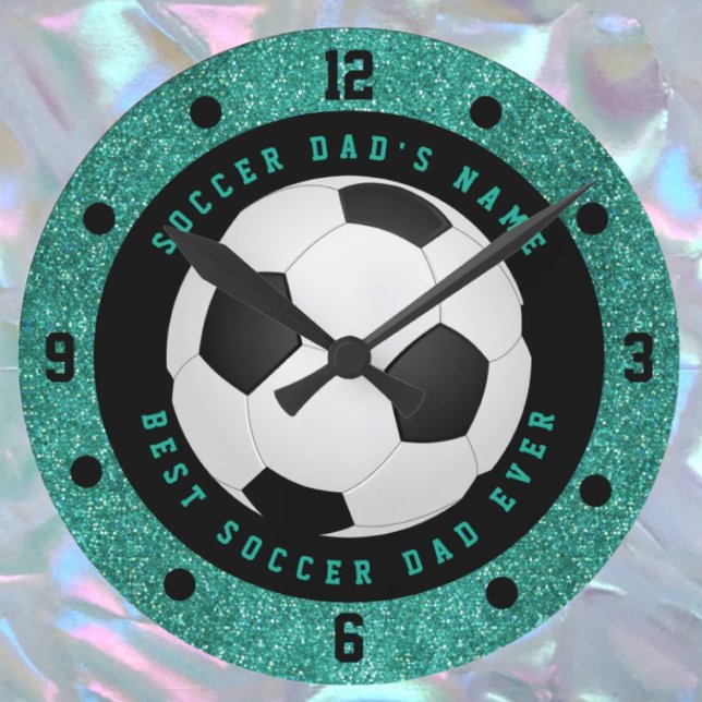 Teal Faux Glitter Ocer Pappa Soccer Ball Clock Rund Klocka (Skapare uppladdad)