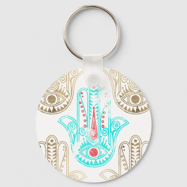 Teal faux guld vattencolor Hamsa Hand of Fatima Nyckelring (Framsida)