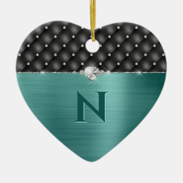 Teal Faux Metall Glam Upholmamand och Monogram Julgransprydnad Keramik (Framsidan)