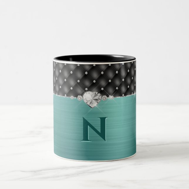 Teal Faux Metall Glam Upholmamand och Monogram Två-Tonad Mugg (Center)