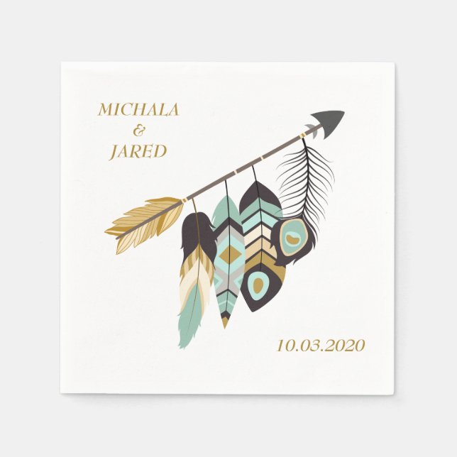 Teal Feather Arrow Bröllop Pappersservett (Framsidan)