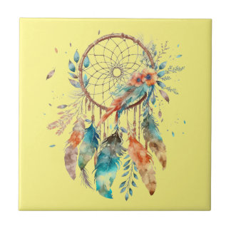 Teal Feather Gult Watercolor Dreamcatcher Kakelplatta