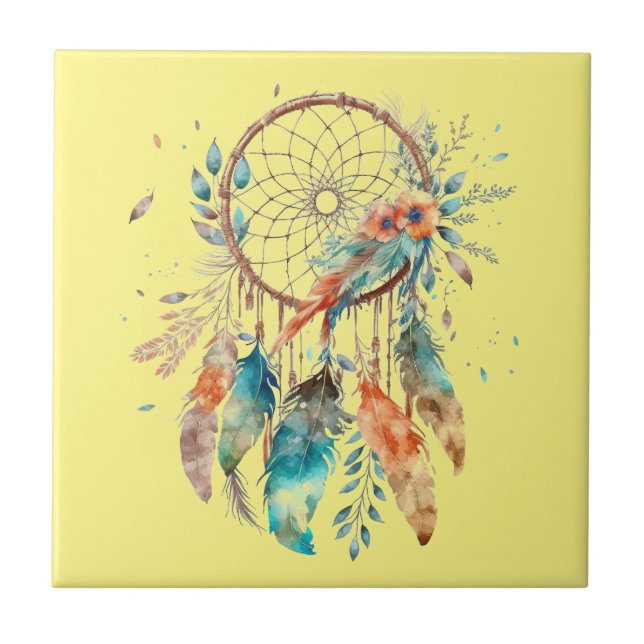 Teal Feather Gult Watercolor Dreamcatcher Kakelplatta (Framsidan)