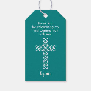 Teal First Communion-Tack Favor Presentetikett