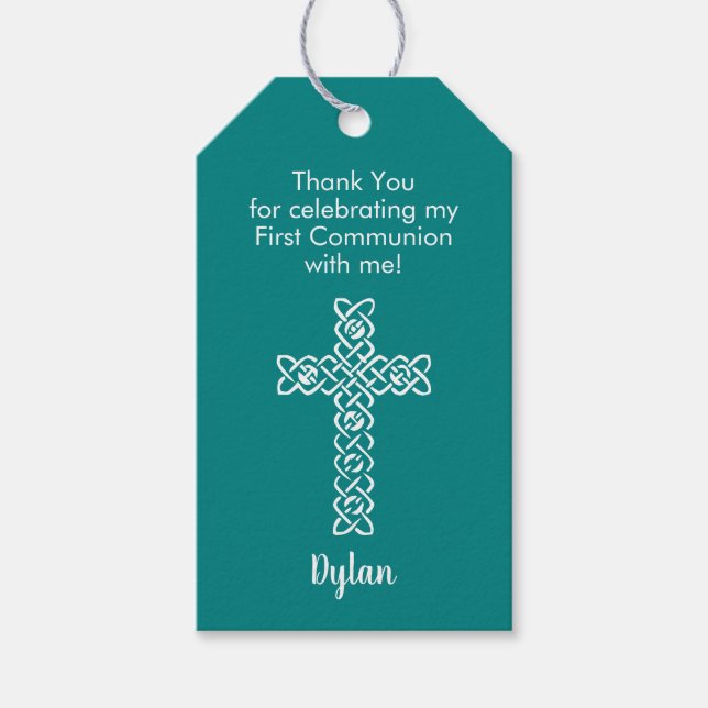 Teal First Communion-Tack Favor Presentetikett (Framsidan)