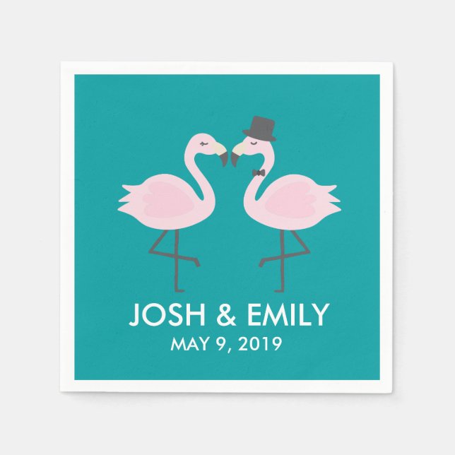 Teal Flamingo Bröllop Bride & Groom Pair Pappersservett (Framsidan)
