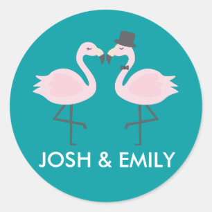 Teal Flamingo Bröllop Bride & Groom Pair Runt Klistermärke