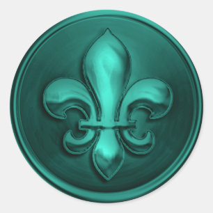 Teal Fleur de Lis EnKue Seal Embossed look Runt Klistermärke