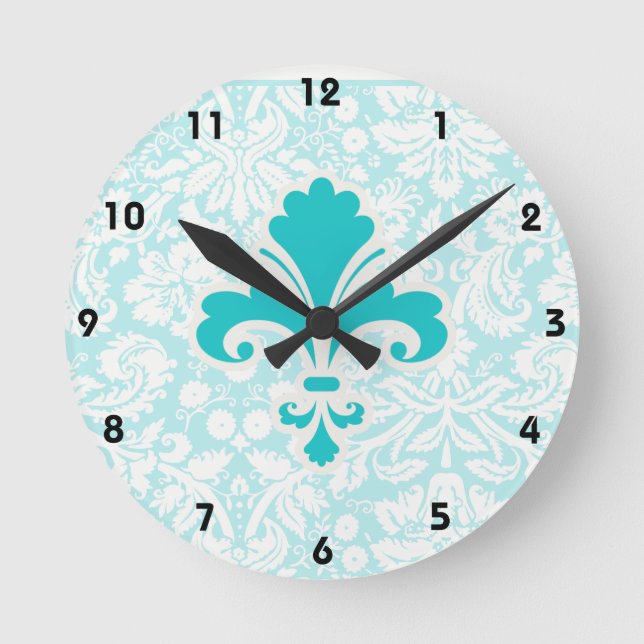 Teal Fleur de lis Rund Klocka (Framsida)