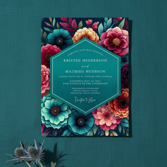 Teal Floral Autumn Wedding Inbjudningar (Skapare uppladdad)