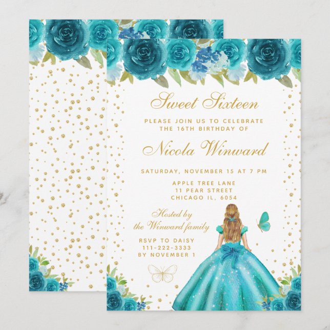 Teal Floral Blonde Hair Princess Sweet Sixteen Inbjudningar (Fram/baksida)