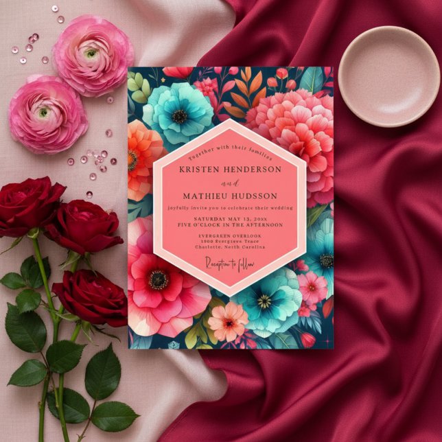 Teal Floral Bloom Romance Wedding Inbjudningar (Skapare uppladdad)