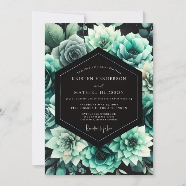 Teal Floral Bloom Wedding Inbjudningar (Framsida)