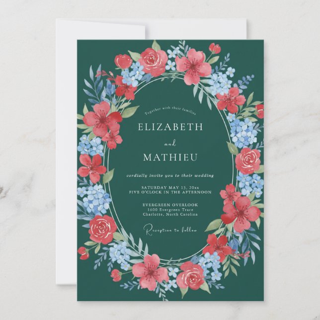 Teal Floral Blossom Wedding Inbjudningar (Framsida)
