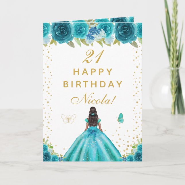 Teal Floral Dark Skin Girl Birthday Kort (Framsida)