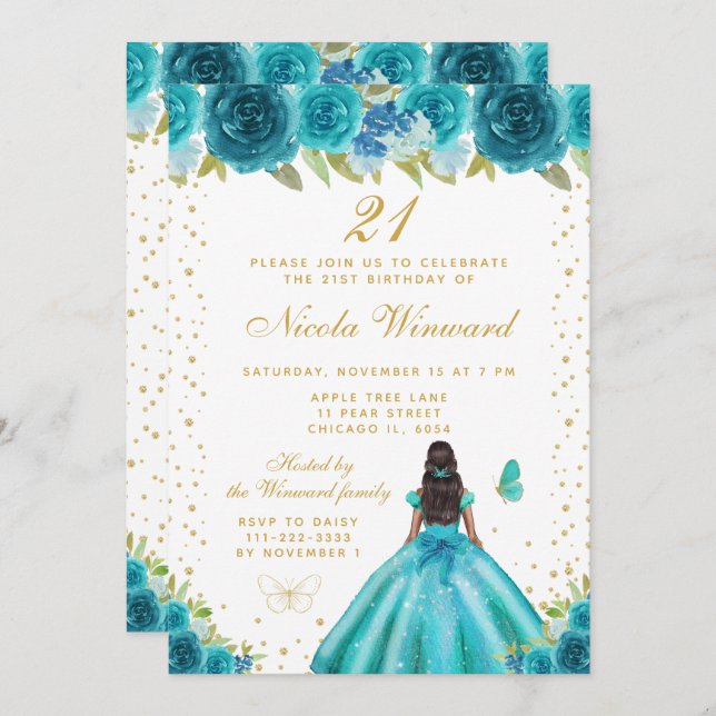 Teal Floral Dark Skin Princess Birthday Party Inbjudningar (Fram/baksida)
