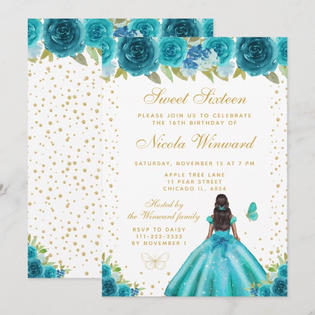Teal Floral Dark Skin Princess Sweet Sixteen Inbjudningar (Fram/baksida)
