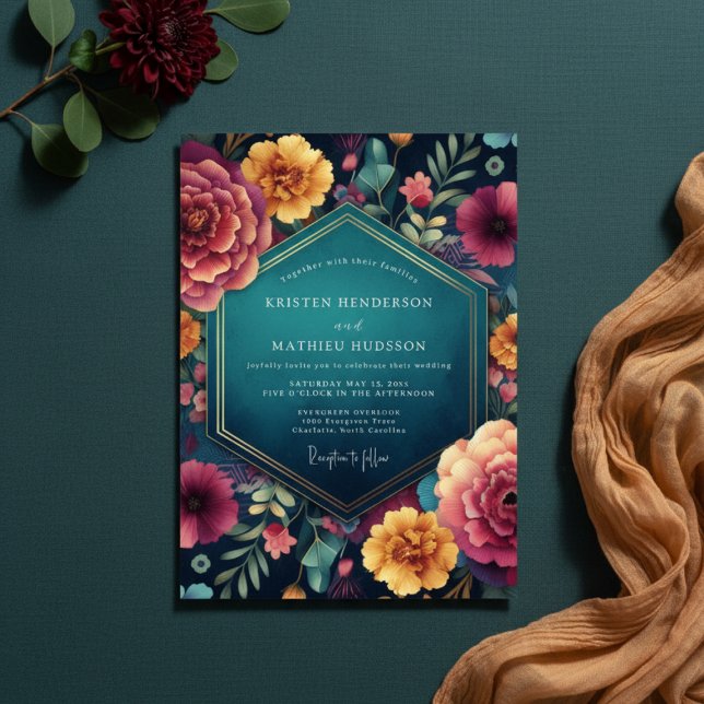 Teal Floral Enchanted Romance Wedding Inbjudningar (Skapare uppladdad)