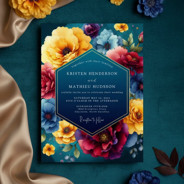 Teal Floral Luxe Wedding Inbjudningar (Skapare uppladdad)