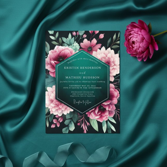 Teal Floral Nocturne Wedding Inbjudningar (Skapare uppladdad)