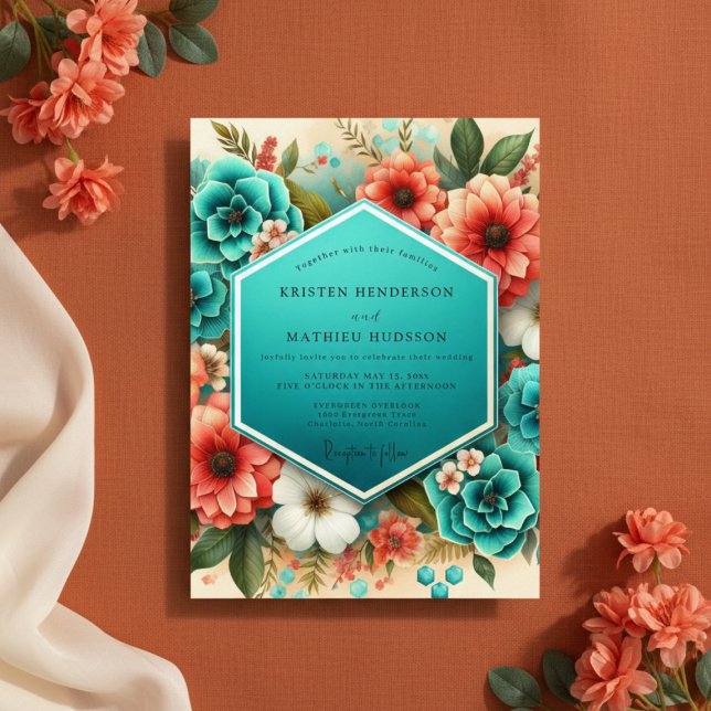 Teal Floral Opulent Romance Wedding Inbjudningar (Skapare uppladdad)