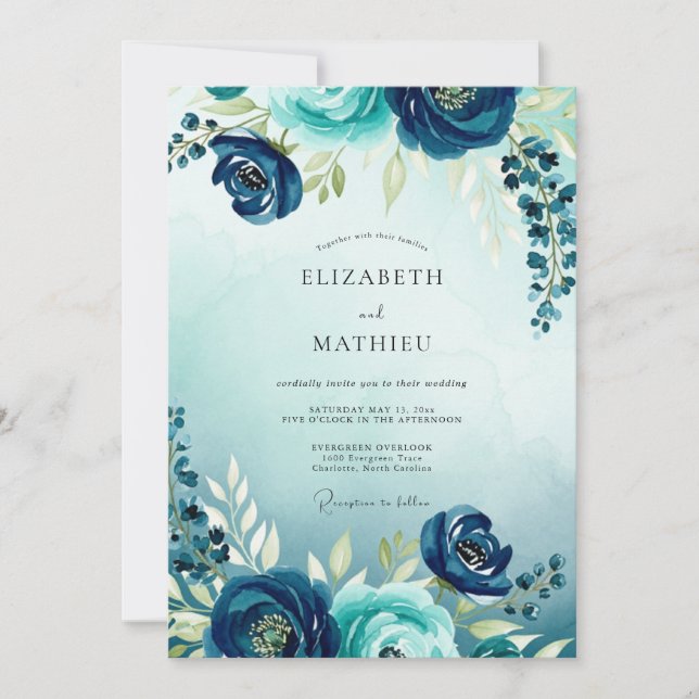 Teal Flourishing Watercolor Wedding Inbjudningar (Framsida)