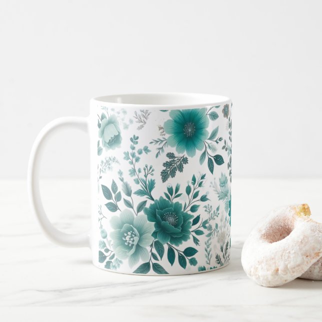 💐 Teal Flower Delight Kaffemugg (Med munk)