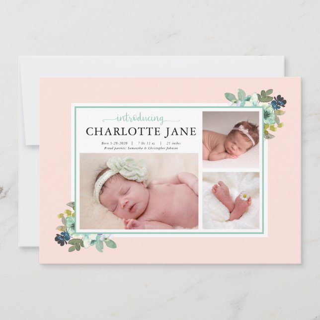 Teal Flowers Baby Photo Collage Birth Notice Meddelande (Framsida)