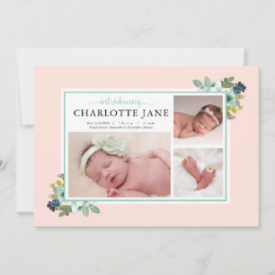 Teal Flowers Baby Photo Collage Birth Notice Meddelande