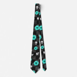 Teal Flowers med Döskallar på Black and Grått Chec Slips