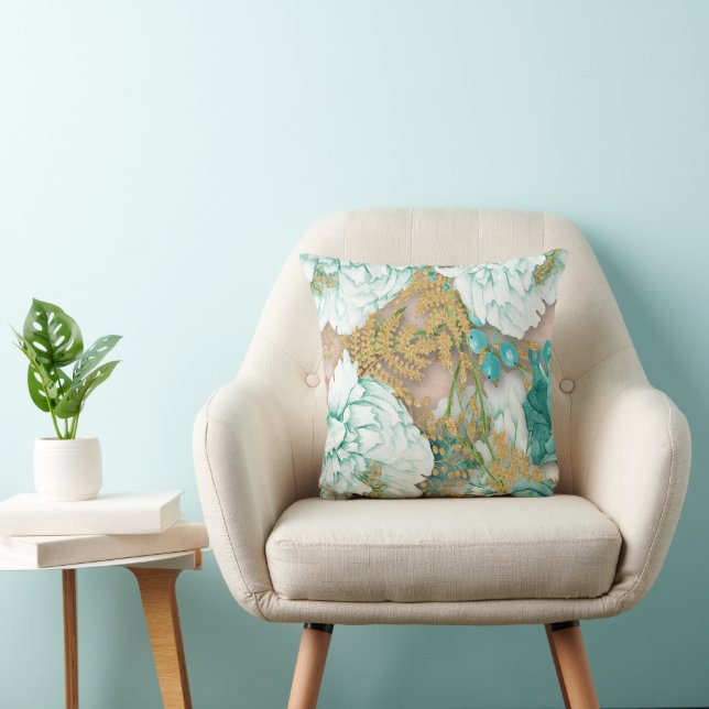 Teal Flowers över Watercolor Rosa Kudde (Stol)