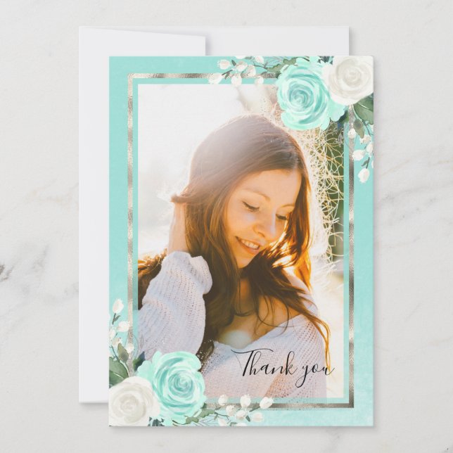 Teal & Foil Silver Blommig Examens Tacksamhet Tack Kort (Framsida)
