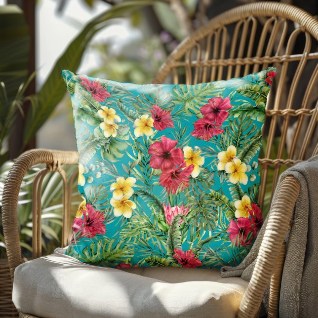 Teal för tropisk Blommigt Handflatan Lövs Teal Kudde (Skapare uppladdad)