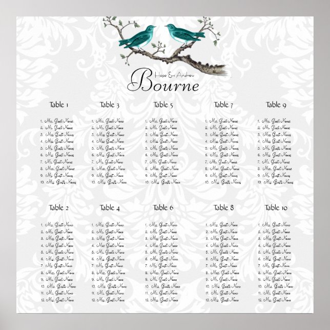 Teal Forest Love Bird Seating Chart Poster (Framsidan)