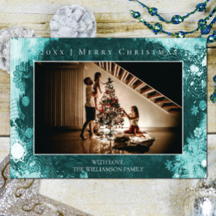 Teal Frosted Snöflingor jul Photo Card Julkort