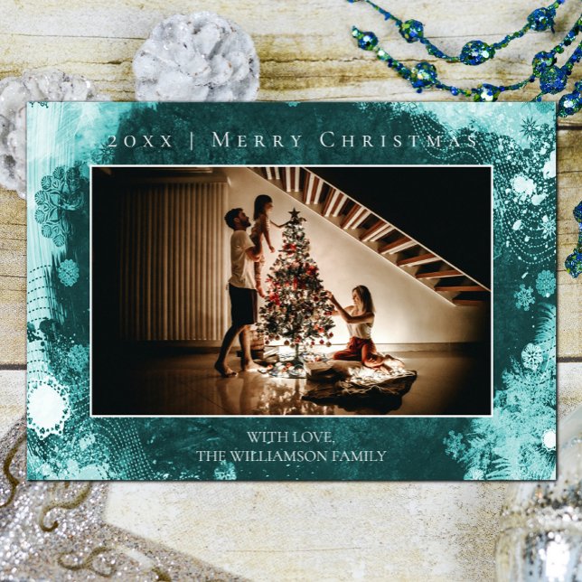 Teal Frosted Snöflingor jul Photo Card Julkort (Teal Frosted Snowflakes Christmas Photo Card)