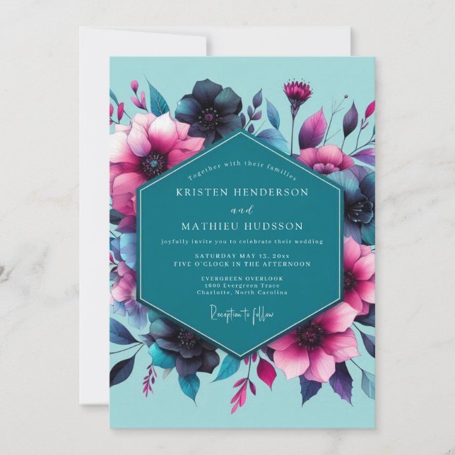 Teal Fuchsia Moody Bloom Wedding Inbjudningar (Framsida)