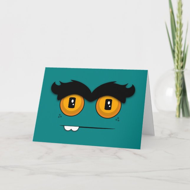 Teal Funny Ansikte med Unibrow Birthday Kort (Framsida)