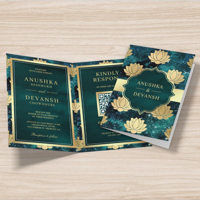 Teal Galaxy Guld Lotus QR-kod Indiska Bröllop Inbjudan (Skapare uppladdad)