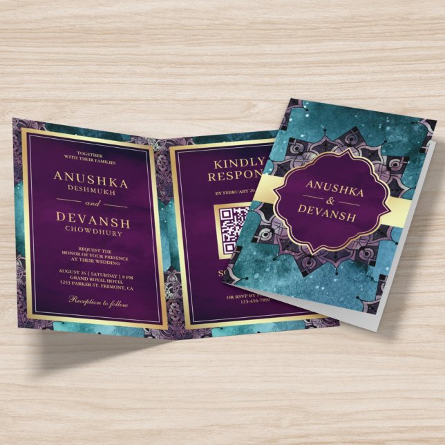 Teal Galaxy Lila Mandala QR-kod Indiska Bröllop Inbjudan (Skapare uppladdad)