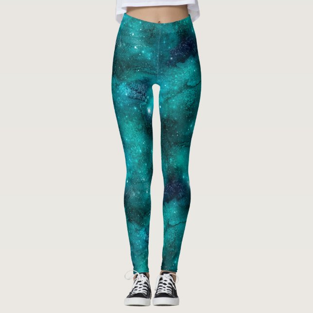 Teal Galaxy Series Design 8 Leggings (Framsida)