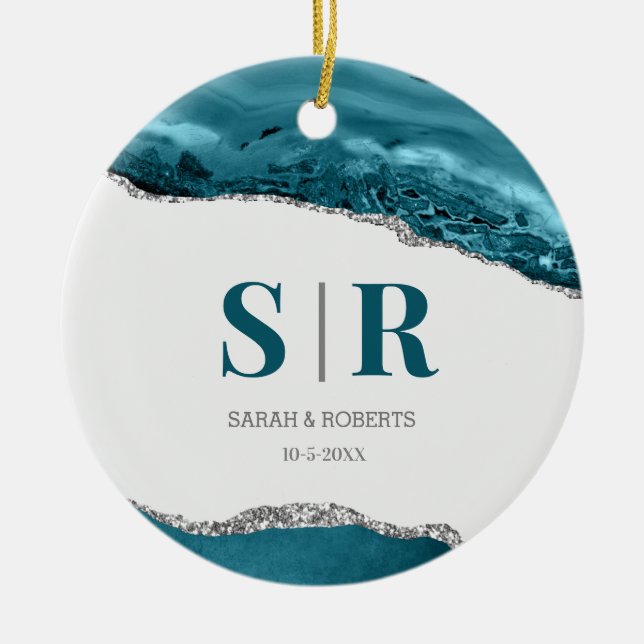 Teal Geode Agate Par Monogrammed jul Julgransprydnad Keramik (Framsidan)